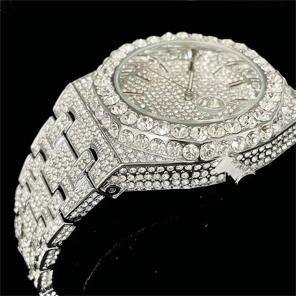 2024 New Hip Hop Mens Quartz Watch Brand MISSFOX Luxury Automatic Date Iced Out Clocks Man Fashion Green Full Diamond Wristwatch