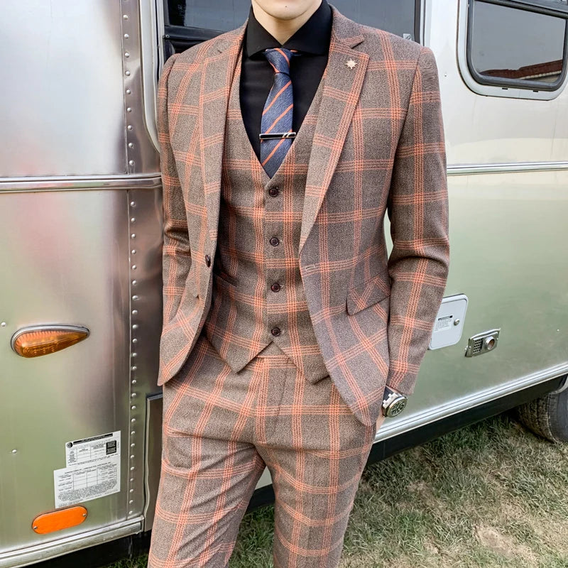 Blazers Pants Set 2 Pieces Set, 2024 Men's Business Casual Men Plaid Suit Jacket and Trousers, Asian Size M-5XL