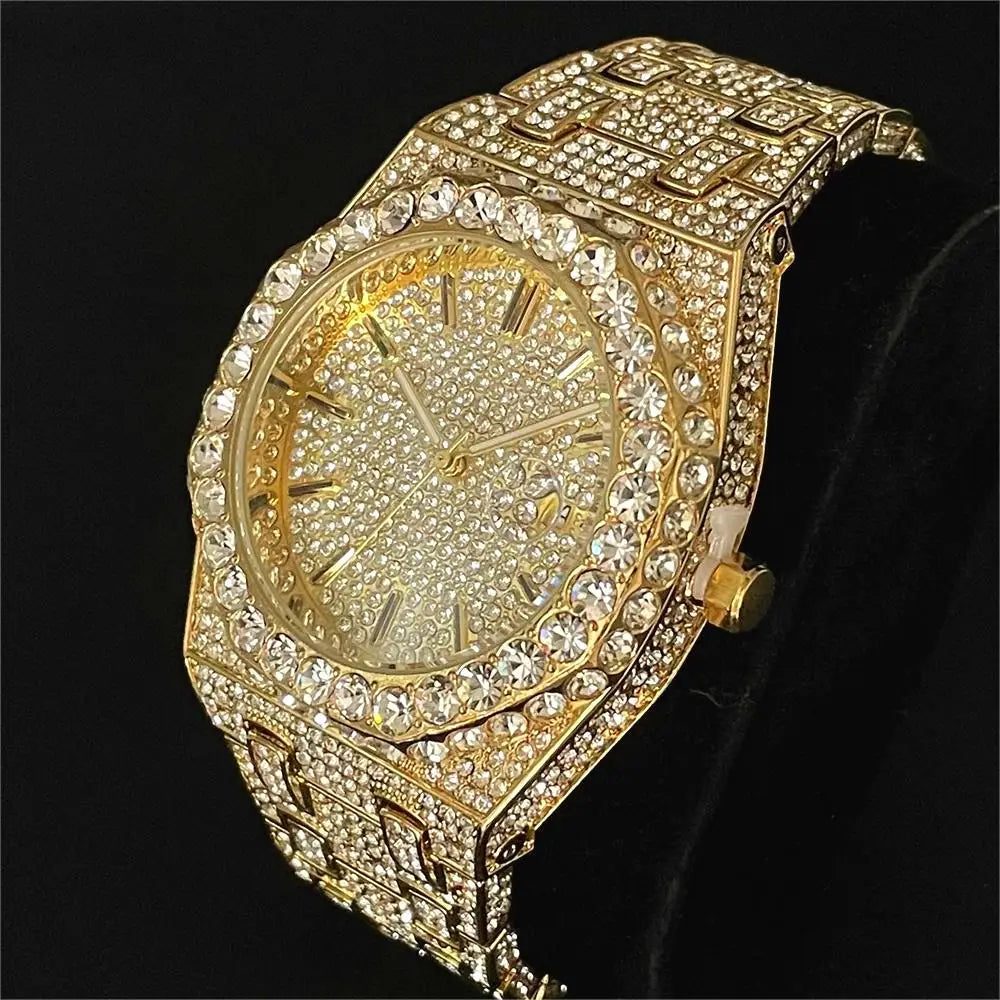 2024 New Hip Hop Mens Quartz Watch Brand MISSFOX Luxury Automatic Date Iced Out Clocks Man Fashion Green Full Diamond Wristwatch