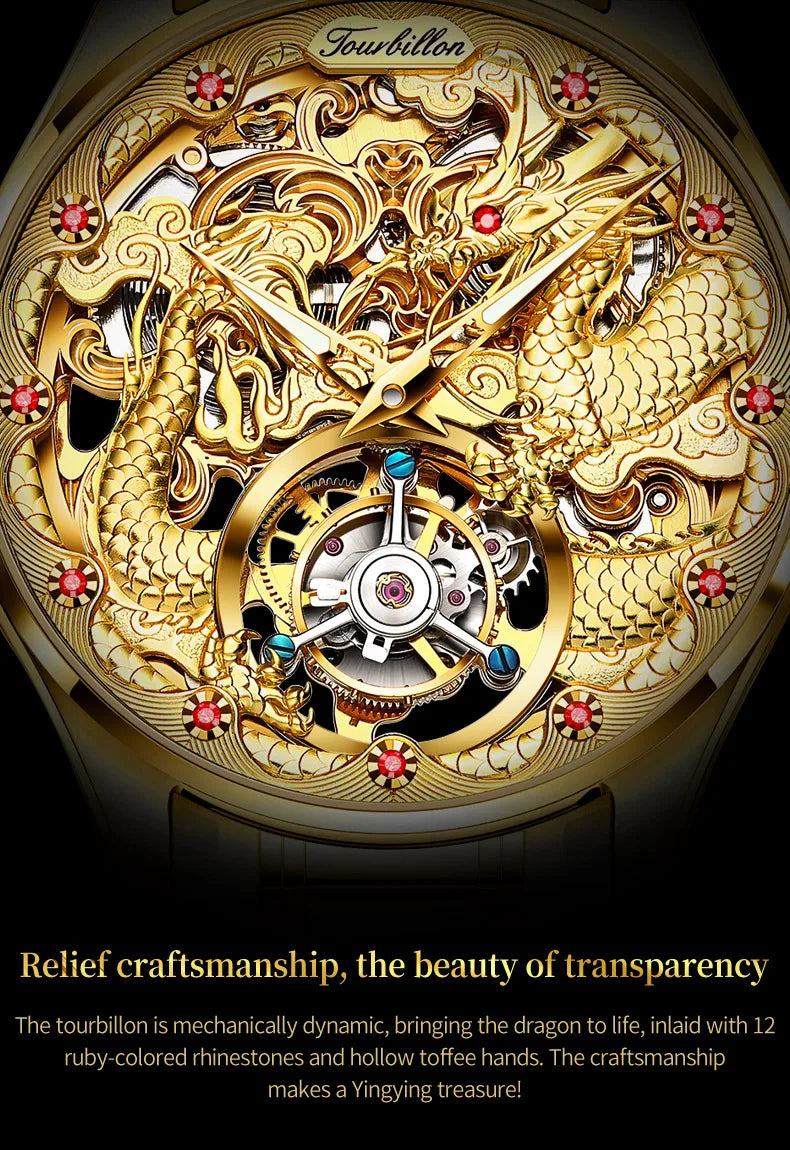 OUPINKE 3176 Luxury High end Fully Automatic Mechanical Tourbillon Watch Full Golden Dragon Dial Watch Sapphire Mirror Men Watch