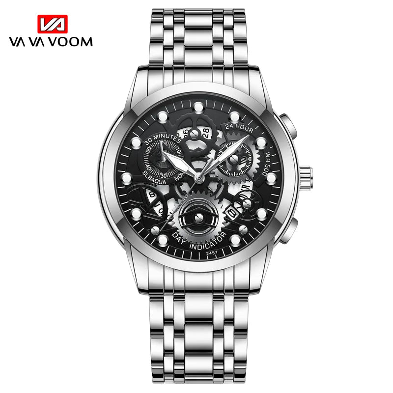 Men's Business Watch Skeleton Design Fashion Mechanical Style Stainless Steel Quartz Movement Calendar Waterproof Men WristWatch