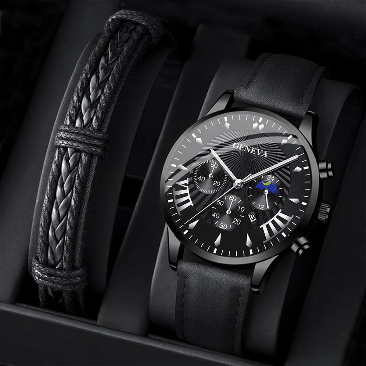 2PCS Set Fashion Mens Sports Watches Man Business Leather Bracelet Quartz Watch Luxury Men Casual Calendar Clock Reloj Hombre