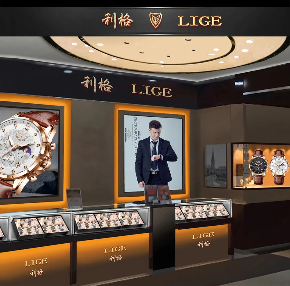 LIGE Men's Watch Luxury Business Luminous Waterproof Leather Watches Moon Phase Week Date Casual Quartz Watch Men Reloj hombre