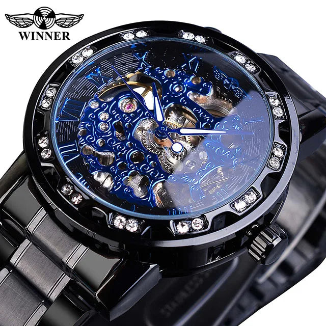 Fashion Winner Hot Top Brand Luxury Men Transparent Diamond Luminou Smovement Male Mechanical Skeleton Royal Design Wrist Watch