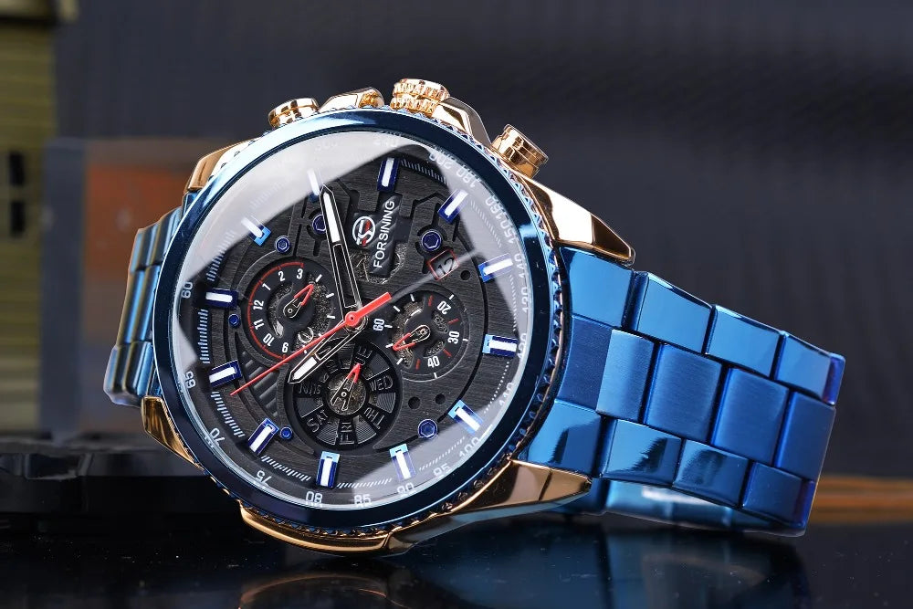 Forsining Top Men's Watches Military Stainless Steel Waterproof Date Week Display Brand Automatic Mechanical Watch for Men