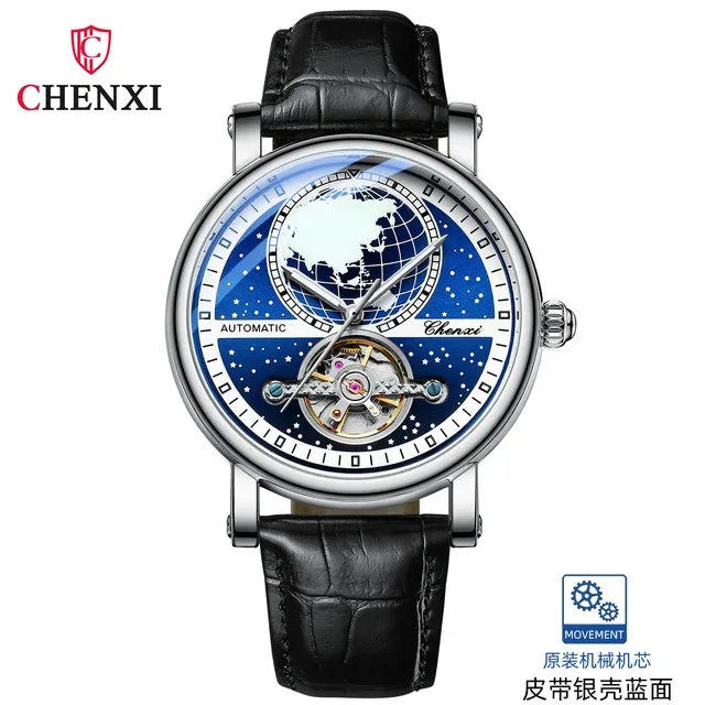 CHENXI Tourbillon Mens Watch Automatic Mechanical 8871 Classic Map Dial Waterproof Luminous Leather Watches for Men Reloj Hombre