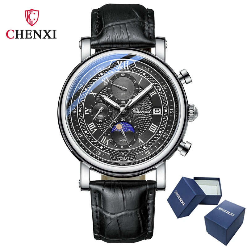 CHENXI 976 Men's Watch Leather Chronograph Date Quartz Watches Phase Moon Timing Business Luminous Wrist Watch Relojes para