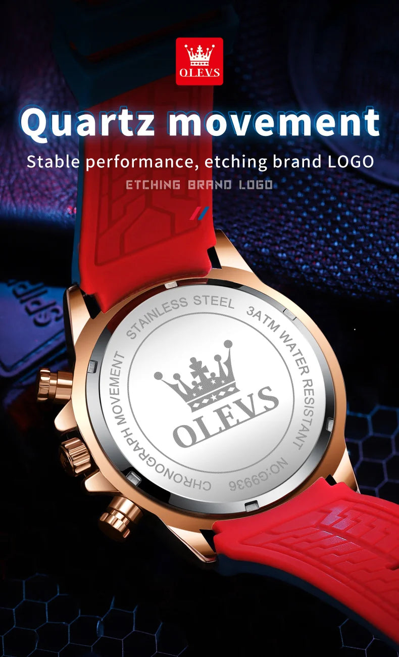 OLEVS 9936 Silicone Strap Multi-function Men Wristwatch, Waterproof Quartz Sport Watch For Men Luminous Chronograph Calendar