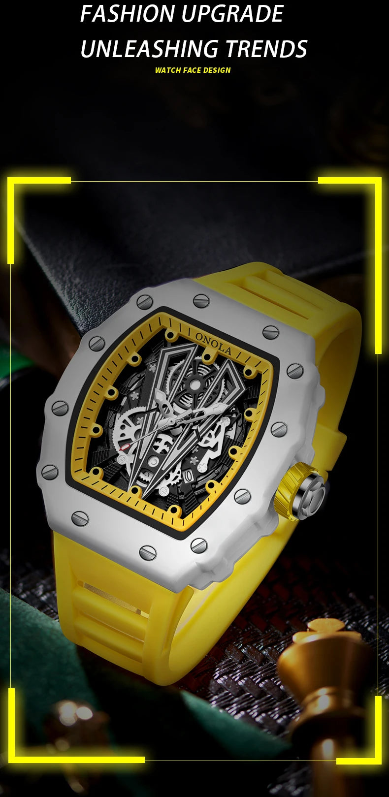 ONOLA Tonneau Mens Watch Fashion White Male Clock Luminous Calendar Water Resistant Silicone Tape Watches for Men Reloj Hombre