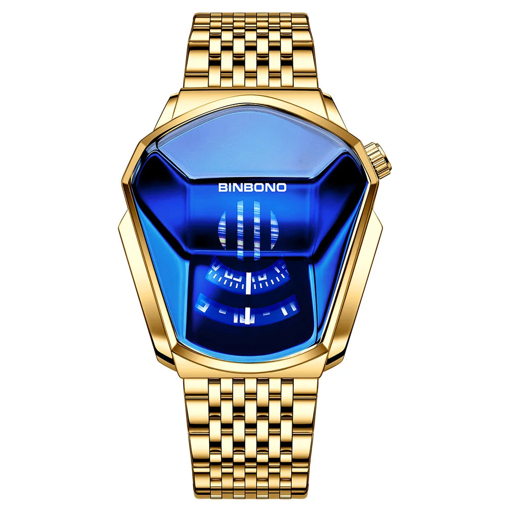BINBOND Men Popular Fashion Motorcycle Concept Quartz Watch Luminous Steel Band Mesh Watch Touch Screen black technology watch