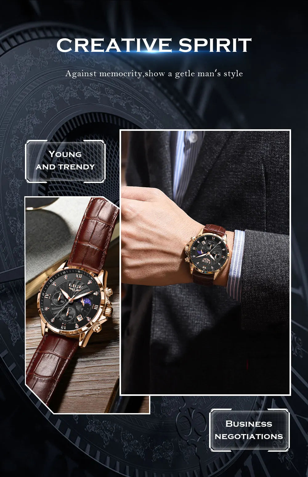 LIGE Men's Watch Luxury Business Luminous Waterproof Leather Watches Moon Phase Week Date Casual Quartz Watch Men Reloj hombre