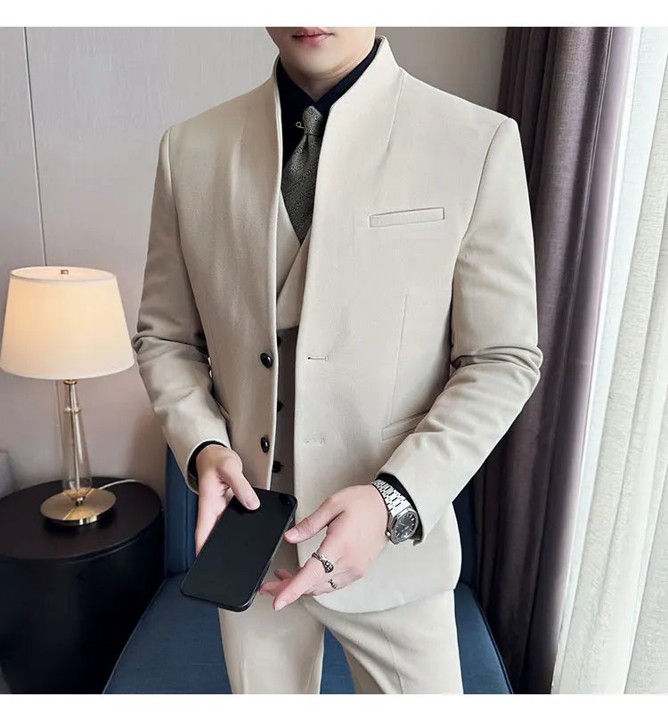 Korean Style Men's Suit Set Slim Fit Business Suit Wool Blazer Three Piece Set Elegant Social Formal Men's Clothing 5XL-M