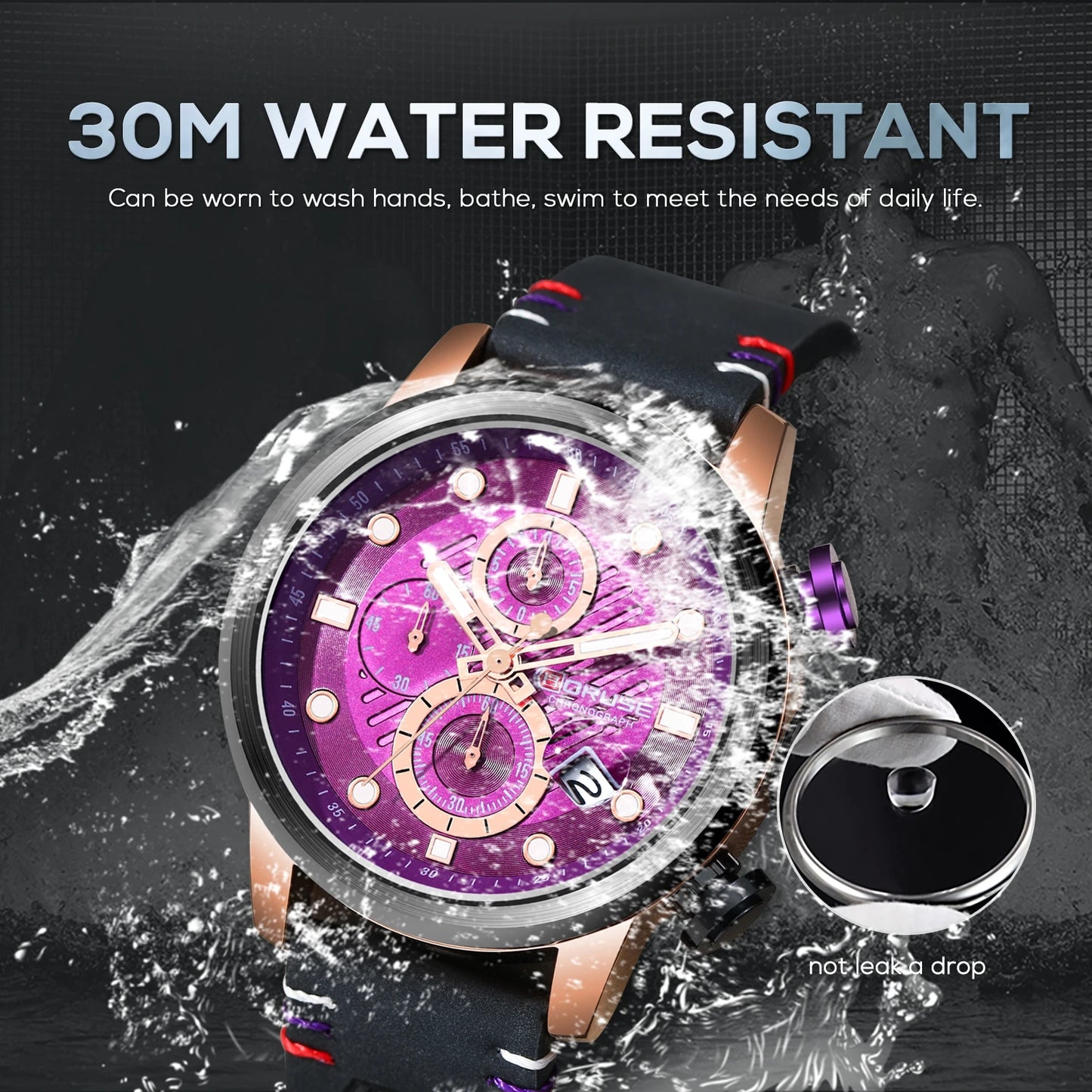 BORUSE New Fashion Mens Watches Top Brand Luxury Military Quartz Watch Man Premium Leather Waterproof Sport Chronograph Watch