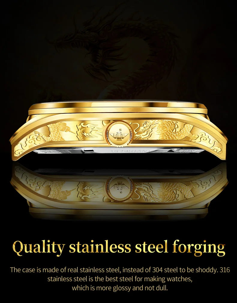 OUPINKE 3176 Luxury High end Fully Automatic Mechanical Tourbillon Watch Full Golden Dragon Dial Watch Sapphire Mirror Men Watch