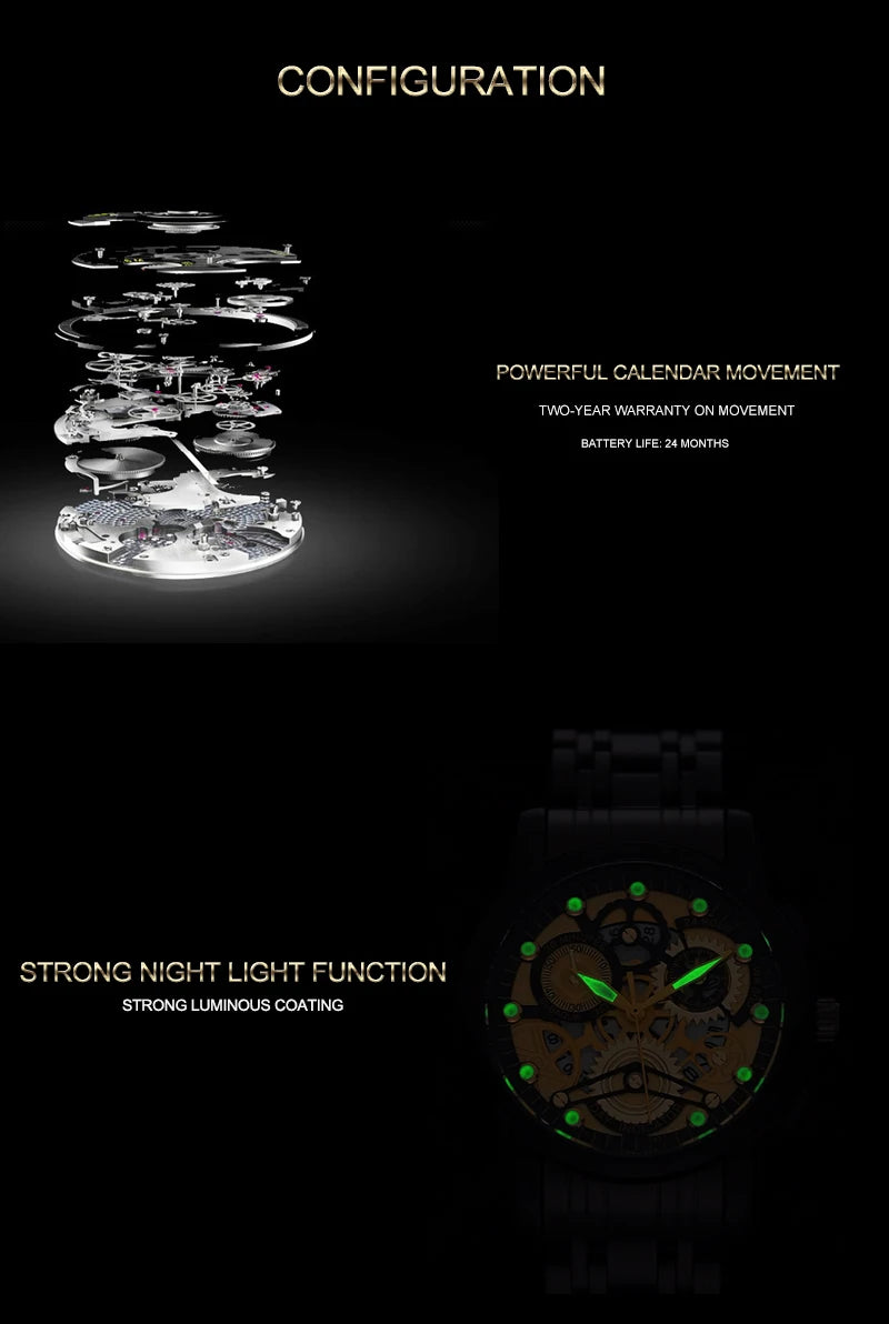 Men's Business Watch Skeleton Design Fashion Mechanical Style Stainless Steel Quartz Movement Calendar Waterproof Men WristWatch