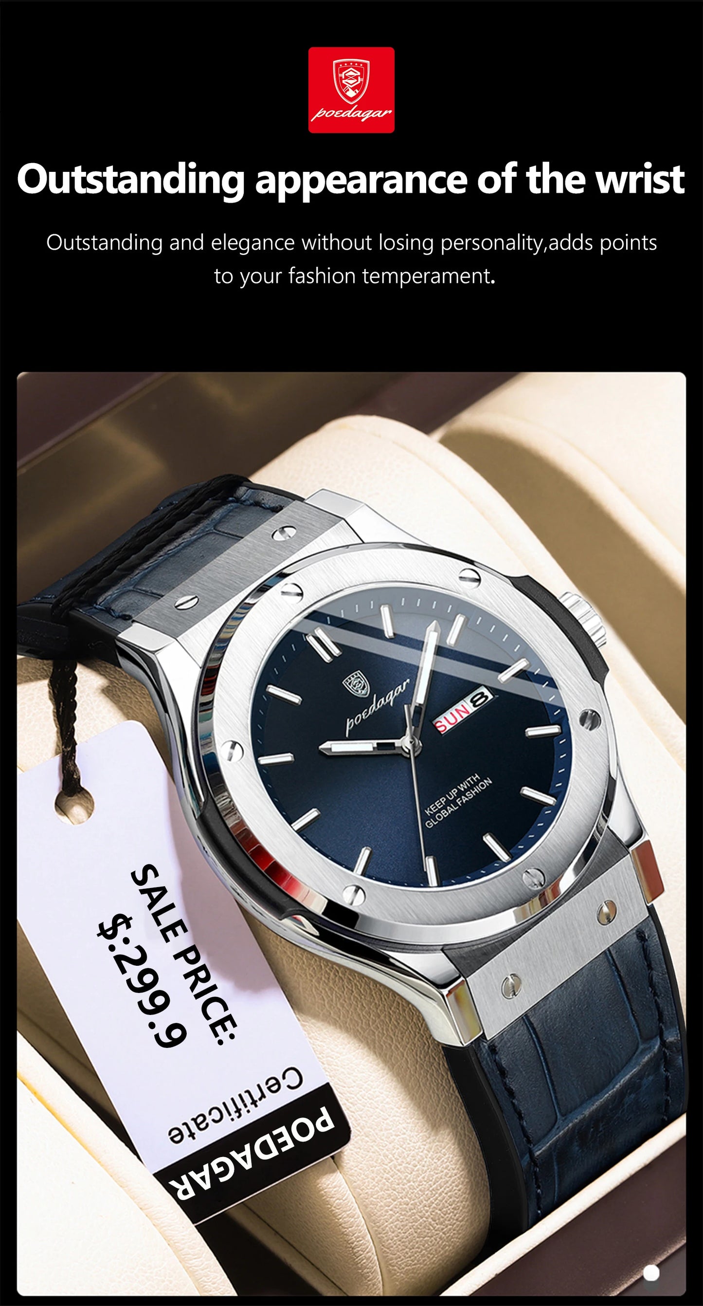 POEDAGAR Men's Watches Trend Fashion Original Quartz Watch for Man Waterproof Leather Strap Luminous Date Week Wristwatch Reloj