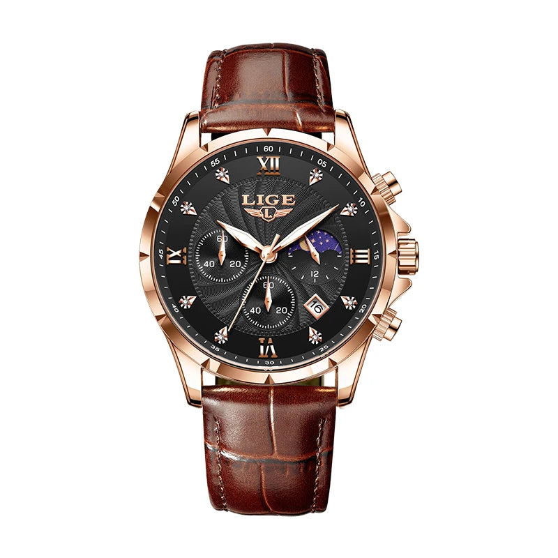 LIGE Men's Watch Luxury Business Luminous Waterproof Leather Watches Moon Phase Week Date Casual Quartz Watch Men Reloj hombre