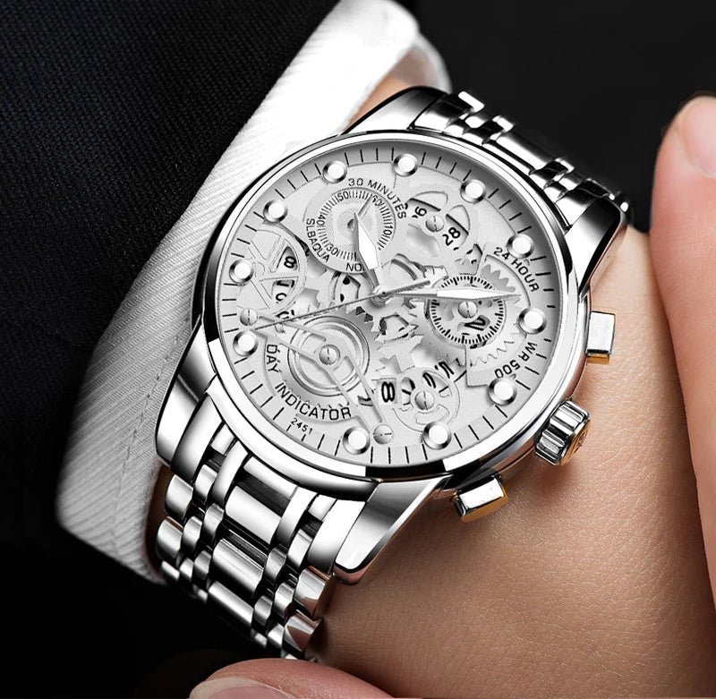 Men's Business Watch Skeleton Design Fashion Mechanical Style Stainless Steel Quartz Movement Calendar Waterproof Men WristWatch
