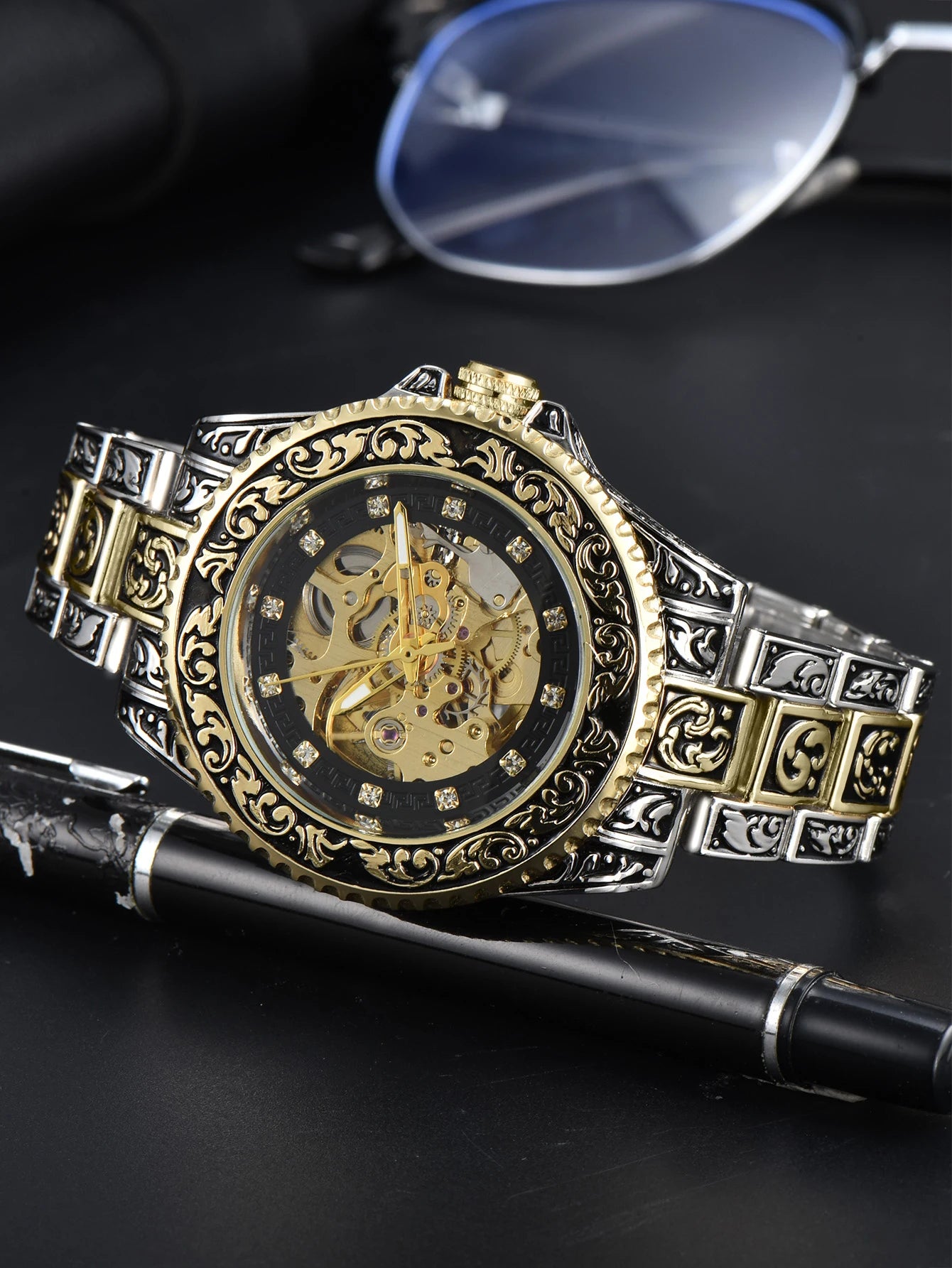 LONGLUX automatic watch luxury wholesale mechanical wristwatches stainless steel carve waterproof no logo mens watch men gift