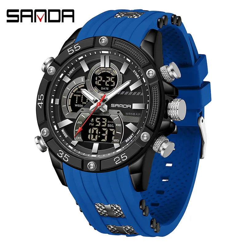 SANDA 6162 Men's Electronic Watch Creative Sports Waterproof Luminous Chronograph Pointer Digital Dual Display Wristwatches