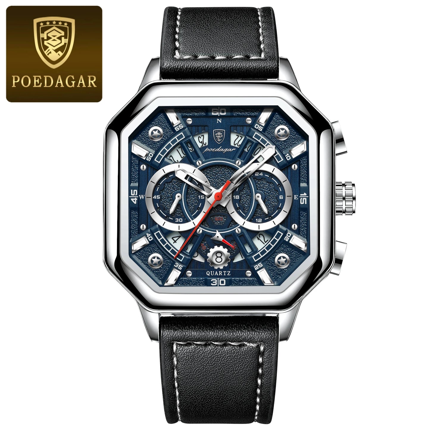 POEDAGAR Luxury Chronograph Square Man Watch Waterproof Luminous Date Men Watch Sports Leather Men's Watches Quartz Reloj Hombre