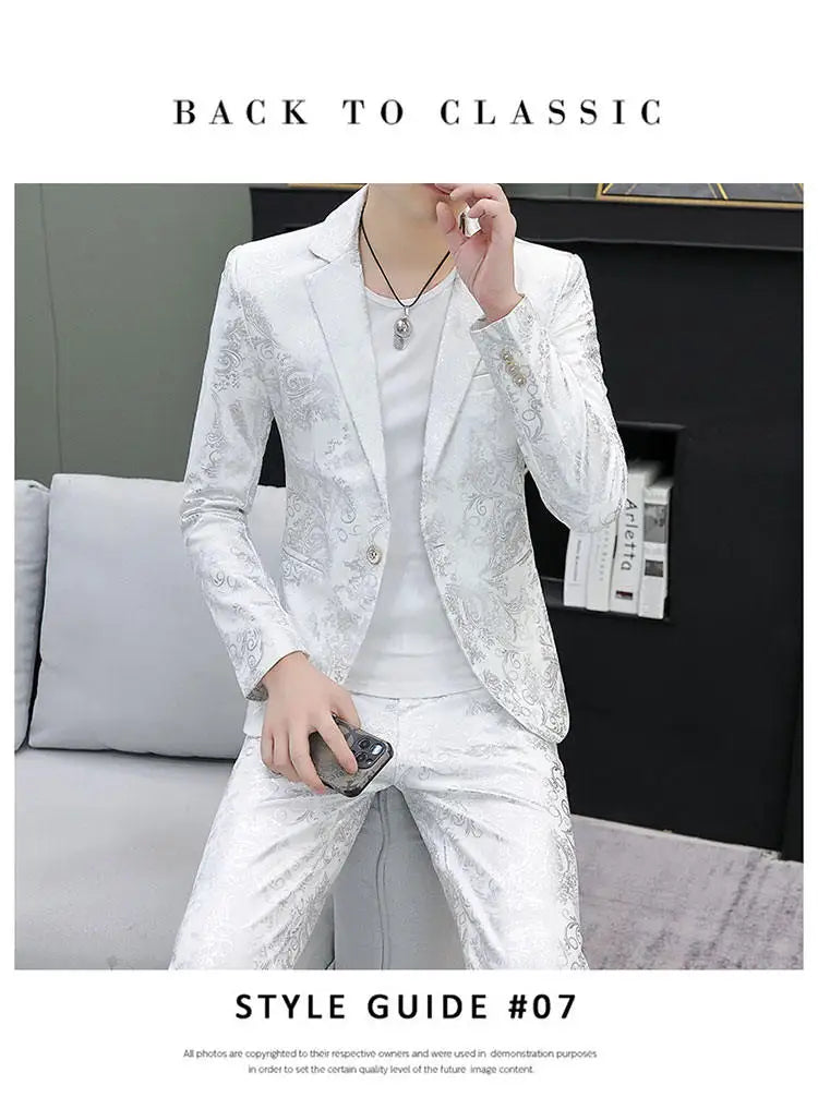Men's Suit Set Shiny Gold and Silver 2-piece Set Korean Fashion Host Wedding Set Suit Jacket+pants Men's Hot Stamping Clothing