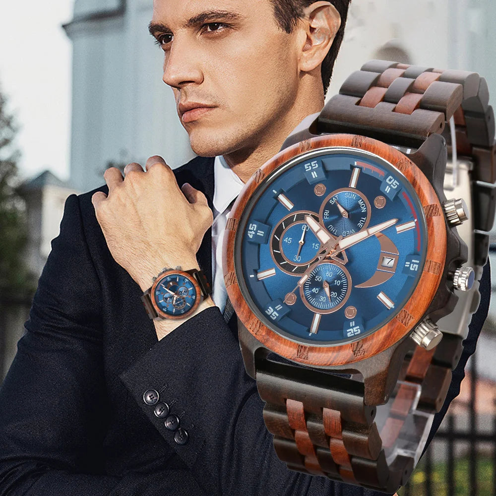 Men's Wooden Wrist Watches for Men Chronograph Fashion Wristwatches Business Blue Wood Mens Watches Clock reloj madera hombre