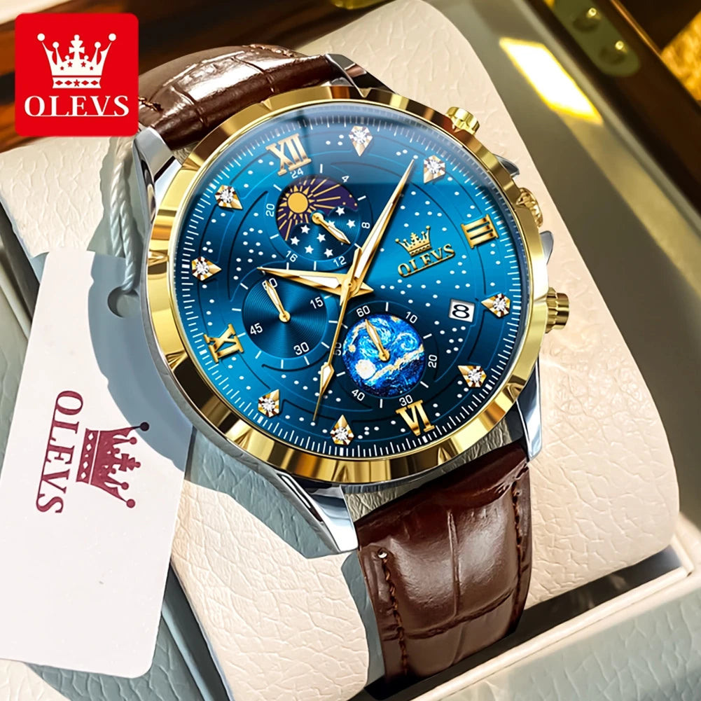 OLEVS 9807 New Man Watch Starry Sky Moon Phase Chronograph Waterproof Luminous Auto Date Hand Clock Luxury Quartz Watch for Men