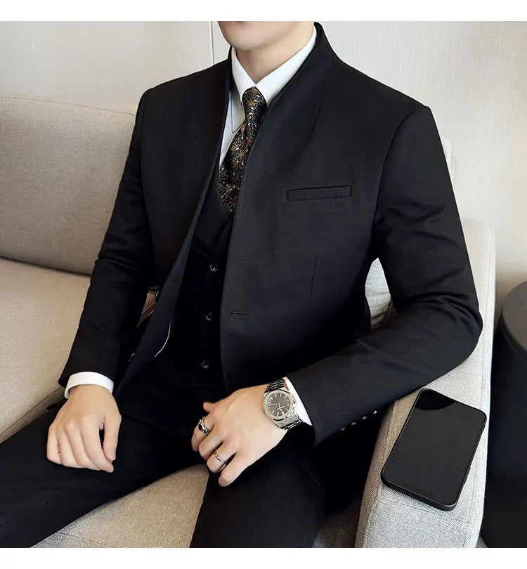Korean Style Men's Suit Set Slim Fit Business Suit Wool Blazer Three Piece Set Elegant Social Formal Men's Clothing 5XL-M