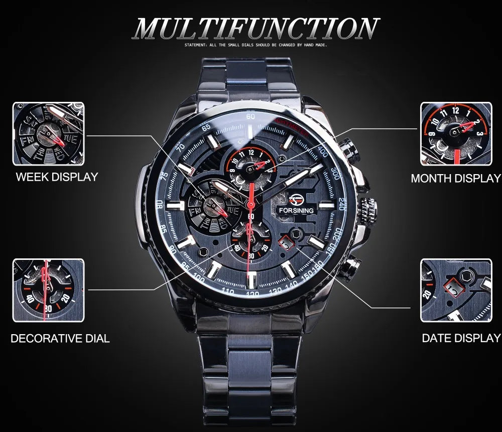 Forsining Top Men's Watches Military Stainless Steel Waterproof Date Week Display Brand Automatic Mechanical Watch for Men