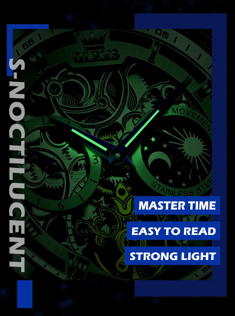 OLEVS Mens Watches Top Brand Luxury Moon Phase Tourbillon Mechanical Watch for Men Automatic Skeleton Watch Relogio Masculino