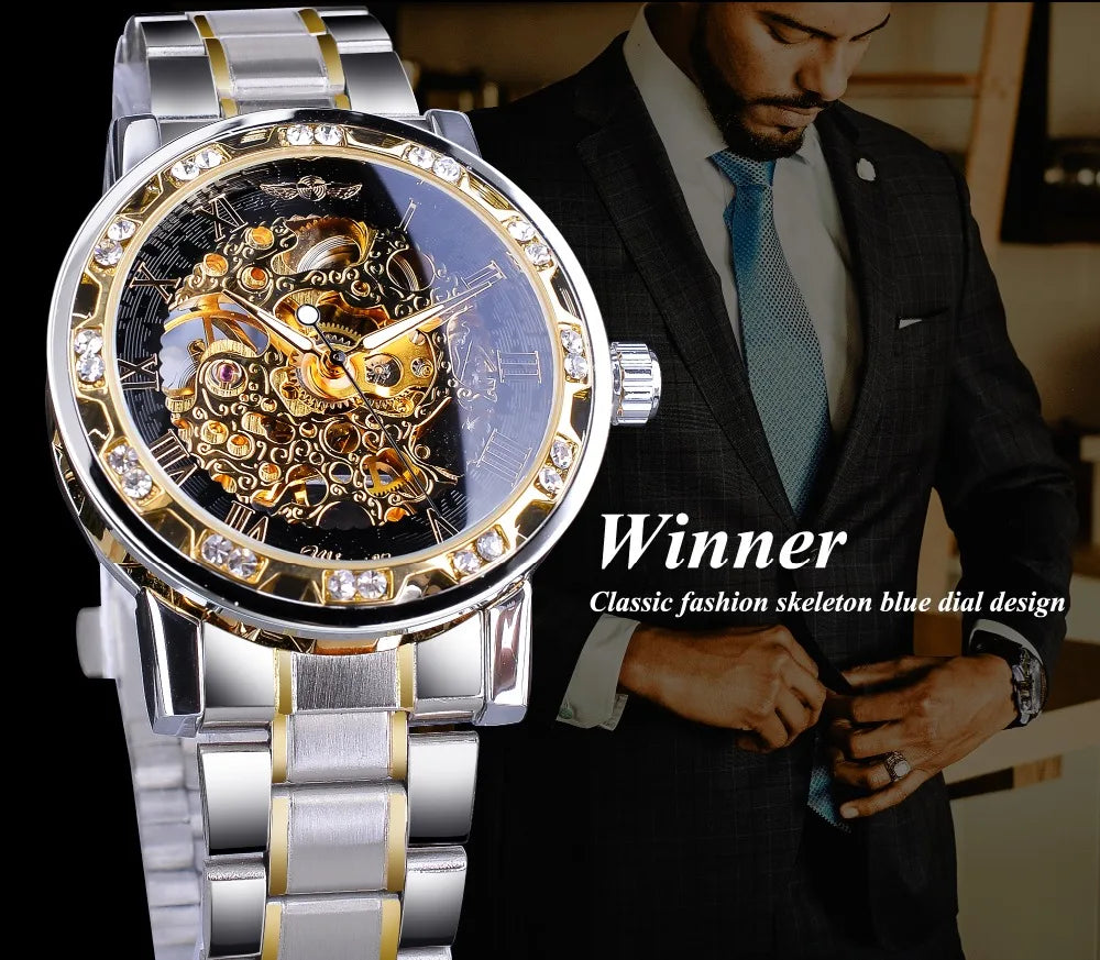 Fashion Winner Hot Top Brand Luxury Men Transparent Diamond Luminou Smovement Male Mechanical Skeleton Royal Design Wrist Watch