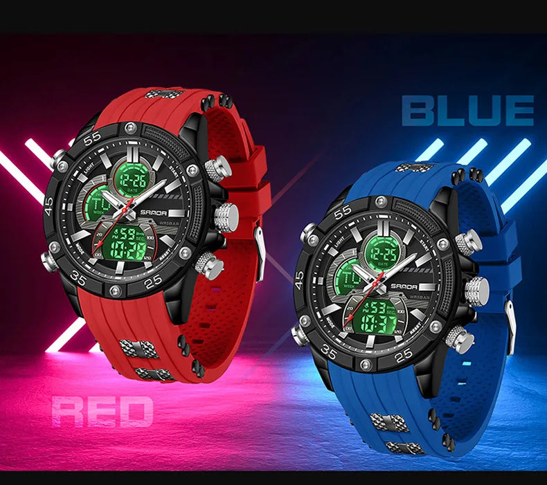SANDA 6162 Men's Electronic Watch Creative Sports Waterproof Luminous Chronograph Pointer Digital Dual Display Wristwatches