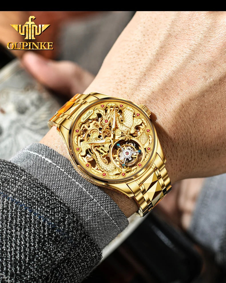 OUPINKE 3176 Luxury High end Fully Automatic Mechanical Tourbillon Watch Full Golden Dragon Dial Watch Sapphire Mirror Men Watch