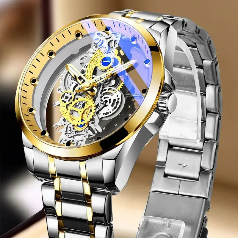 Hot Trendy Fashion Wholesale Men Golden Skeleton Automatic Quartz Wrist Watches Luxury