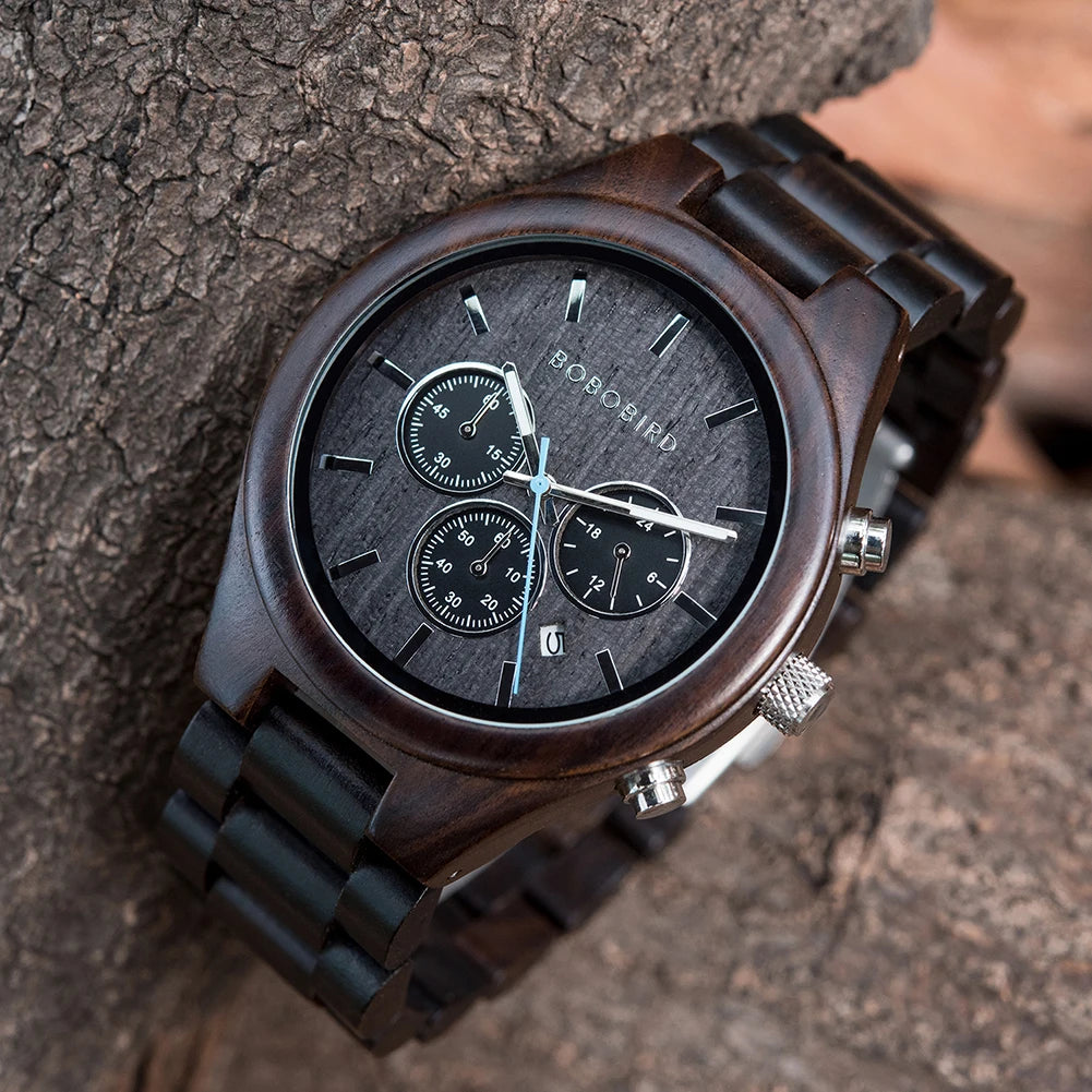 BOBO BIRD Men's Watch 3 Sub Dials Wooden Wrist Watch for Men Casual Quartz Watches Customized Dropshipping