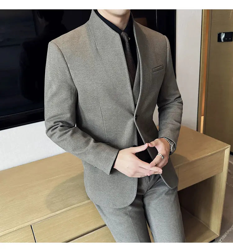 Korean Style Men's Suit Set Slim Fit Business Suit Wool Blazer Three Piece Set Elegant Social Formal Men's Clothing 5XL-M