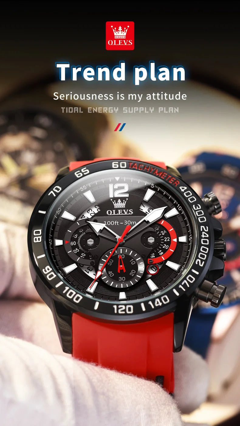 OLEVS 9936 Silicone Strap Multi-function Men Wristwatch, Waterproof Quartz Sport Watch For Men Luminous Chronograph Calendar