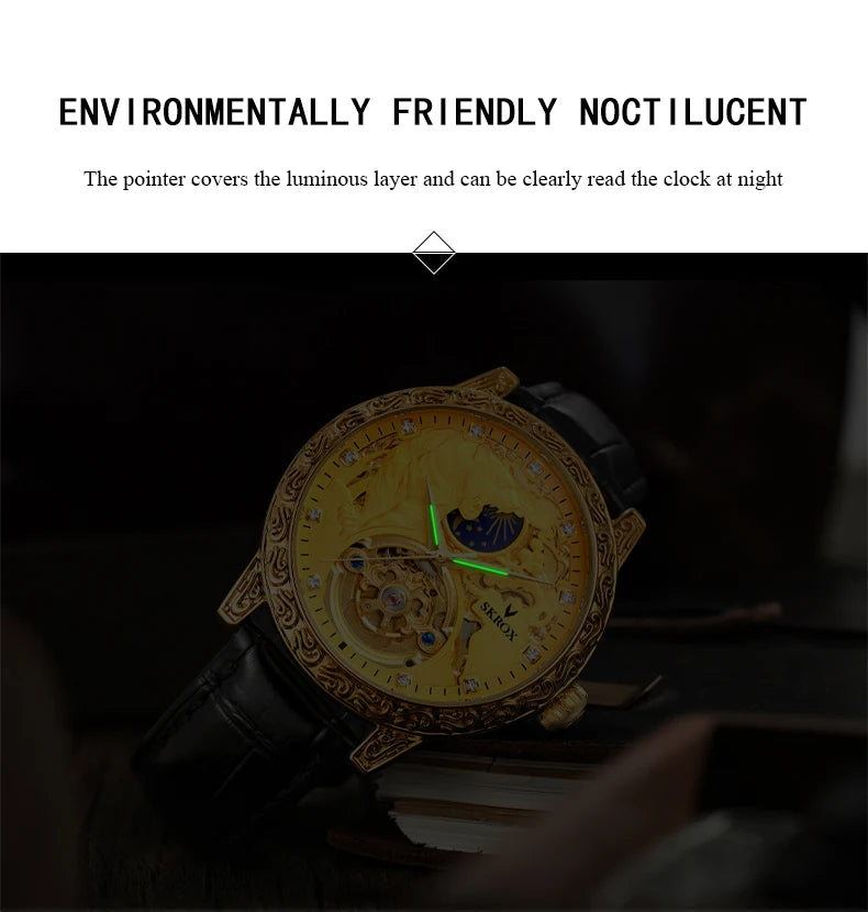 SKROX Original Gold Tiger Diamond Elegant Men's Watch Moon Phase Tourbillon Automatic Mechanical High-end Luxury Male Clockwork