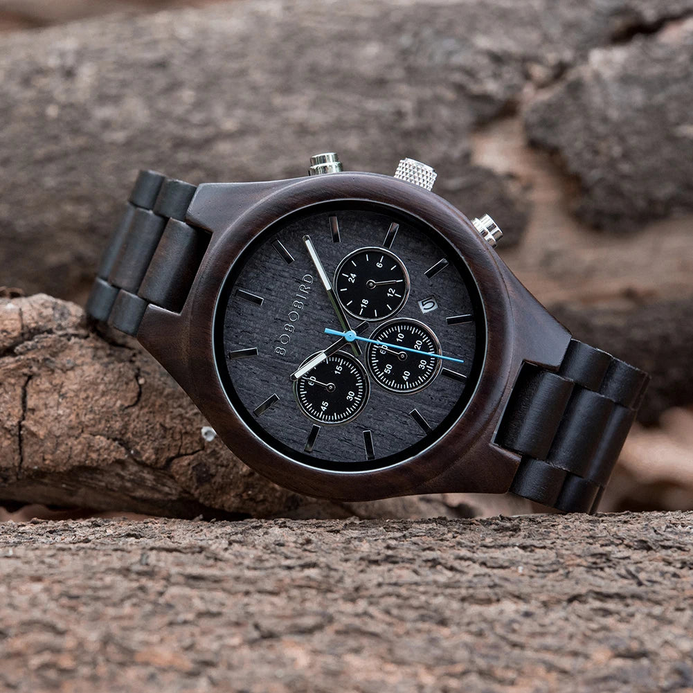 BOBO BIRD Men's Watch 3 Sub Dials Wooden Wrist Watch for Men Casual Quartz Watches Customized Dropshipping