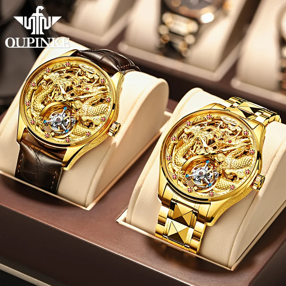 OUPINKE 3176 Luxury High end Fully Automatic Mechanical Tourbillon Watch Full Golden Dragon Dial Watch Sapphire Mirror Men Watch