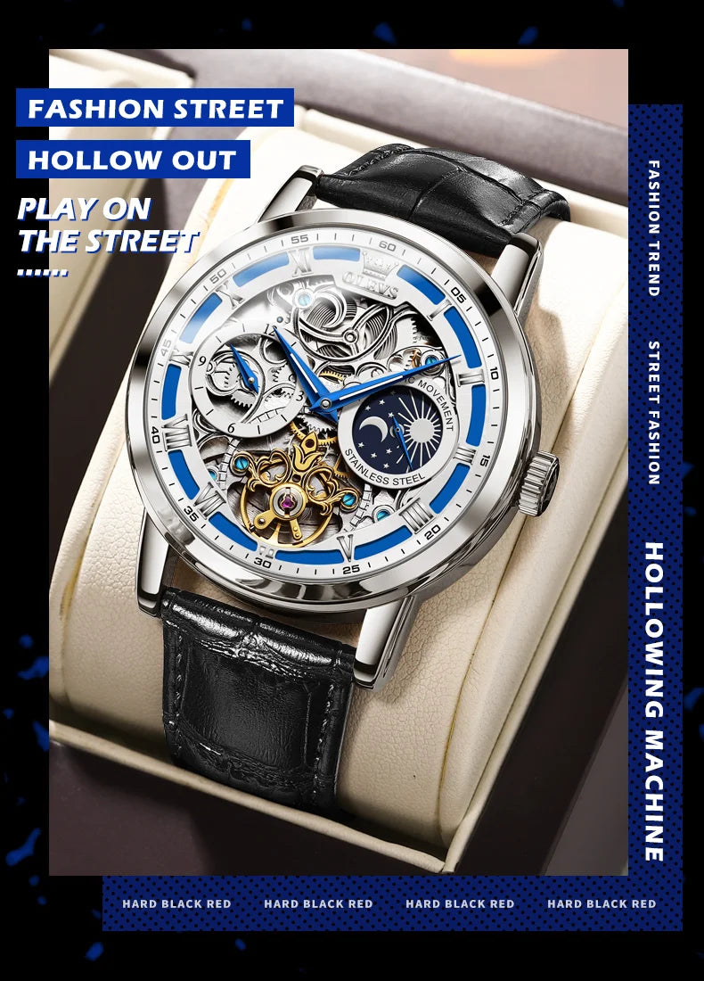 OLEVS Mens Watches Top Brand Luxury Moon Phase Tourbillon Mechanical Watch for Men Automatic Skeleton Watch Relogio Masculino