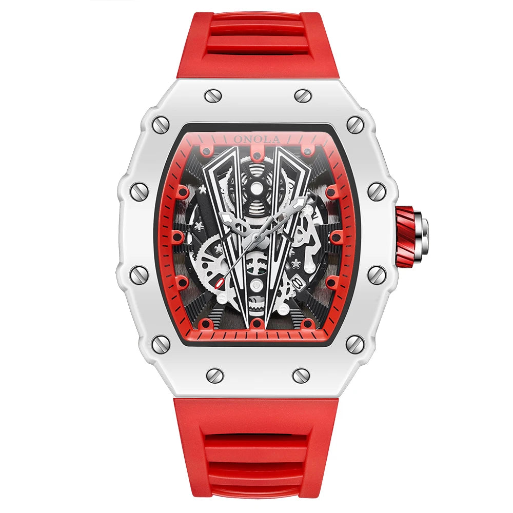 ONOLA Tonneau Mens Watch Fashion White Male Clock Luminous Calendar Water Resistant Silicone Tape Watches for Men Reloj Hombre