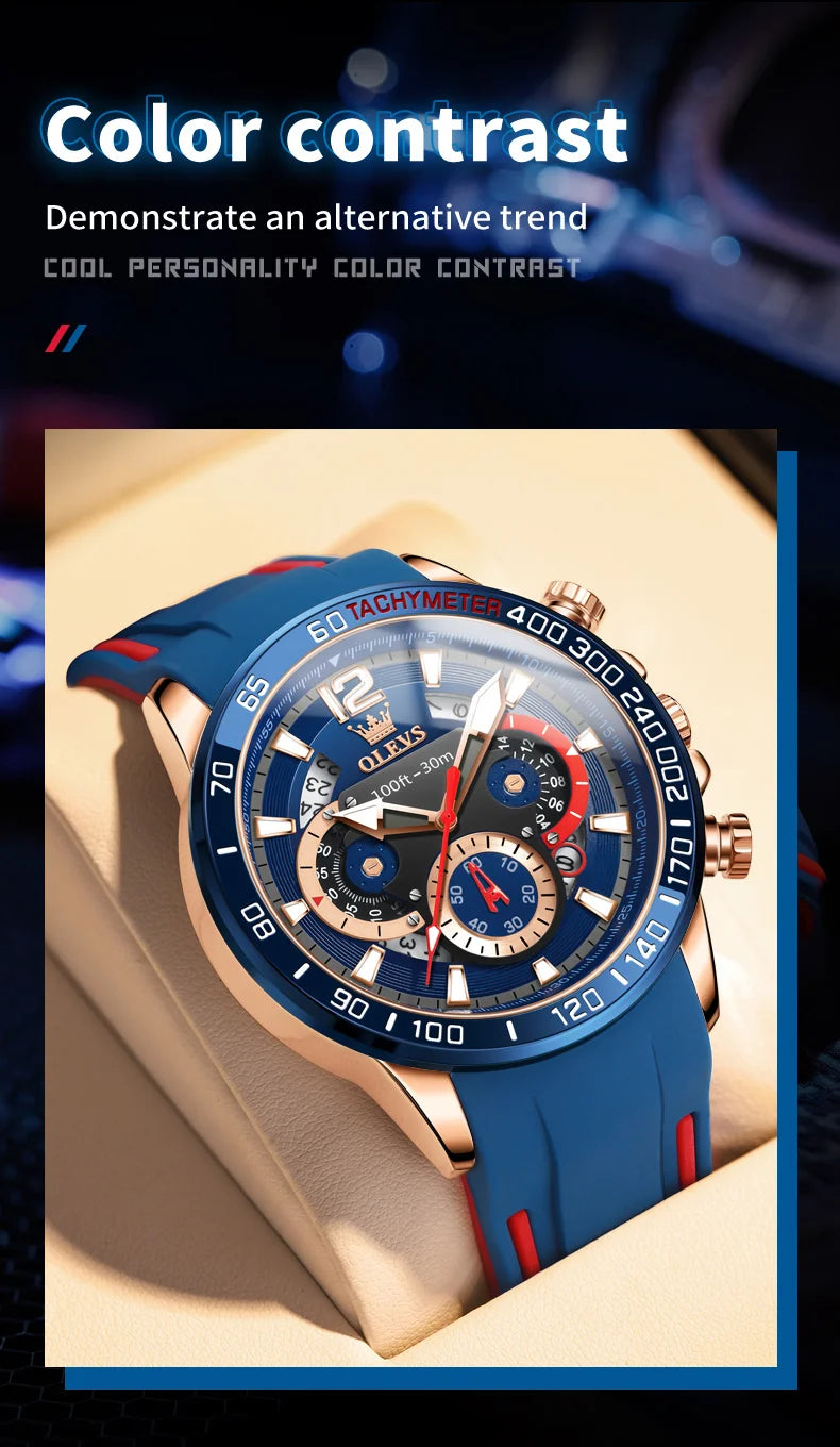 OLEVS 9936 Silicone Strap Multi-function Men Wristwatch, Waterproof Quartz Sport Watch For Men Luminous Chronograph Calendar