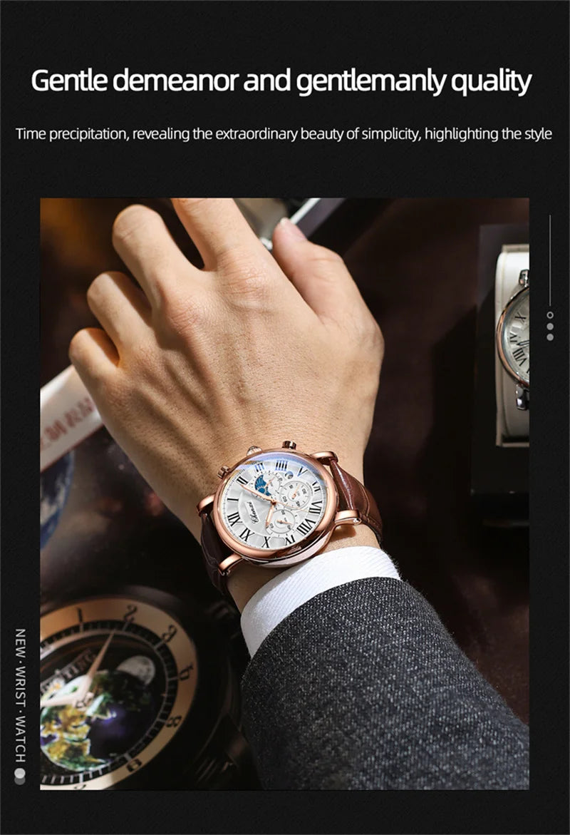 CHENXI 973 Men's Wristwatch Multi-functional Business Watch Moon Phase Date Waterproof Rome Dial Leather Quartz Watches for Man