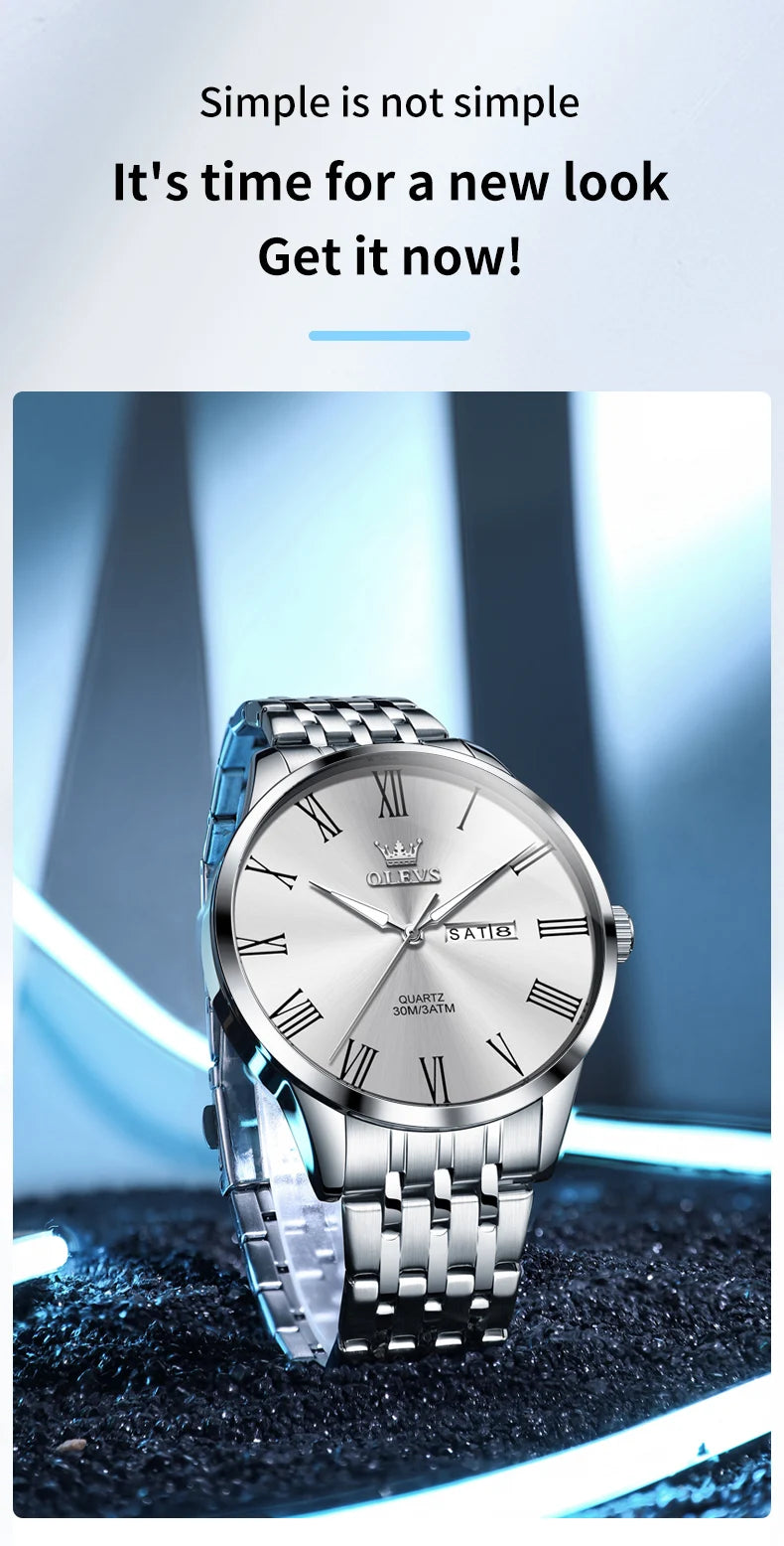 OLEVS 3633 Men's Watch Business Simply Original Quartz Watch for Man Waterproof Luminous Stainless Steel Dual Calendar Display