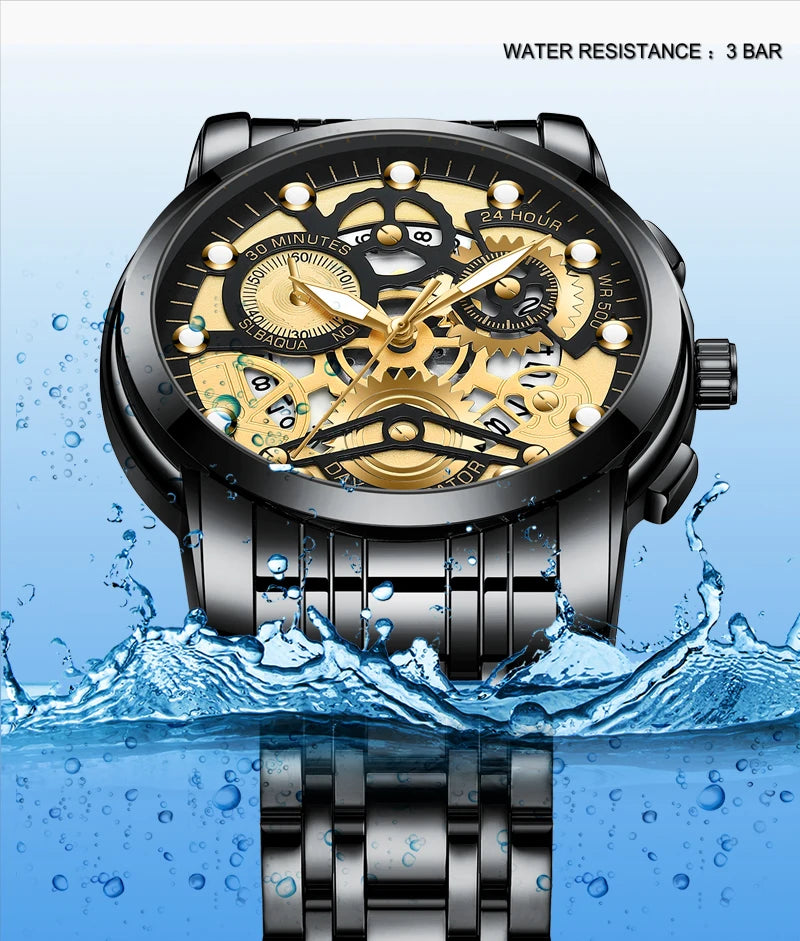 Men's Business Watch Skeleton Design Fashion Mechanical Style Stainless Steel Quartz Movement Calendar Waterproof Men WristWatch