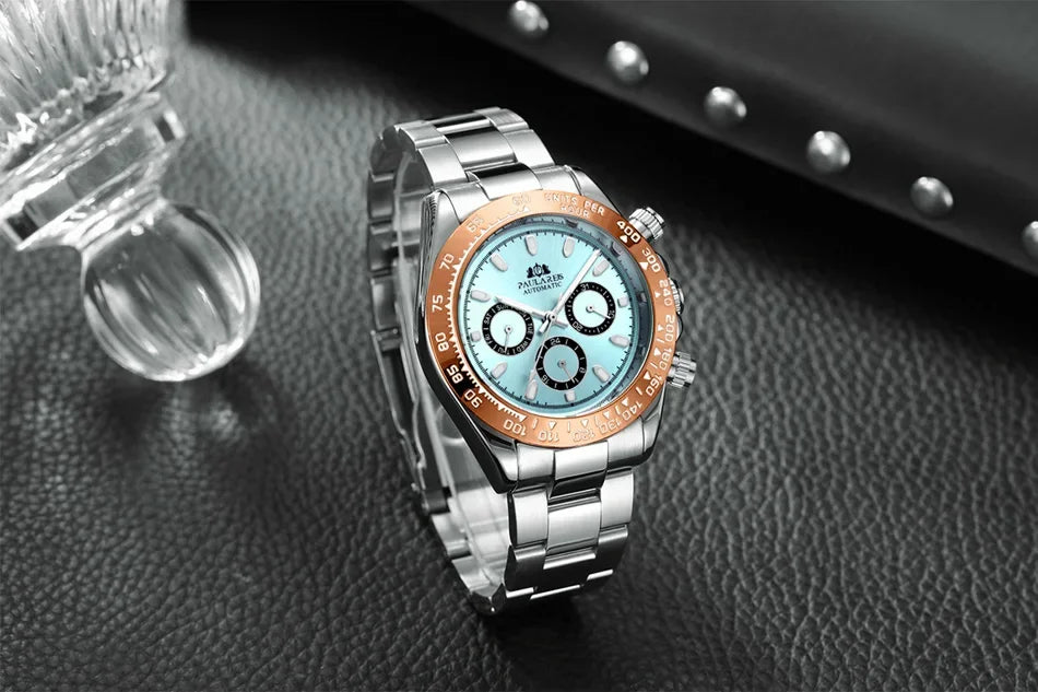 Automatic Watches Self Wind Mechanical Gold Stainless Steel Glacier Ice Blue Dial Chestnut Brown Bezel Luminous Men Watch