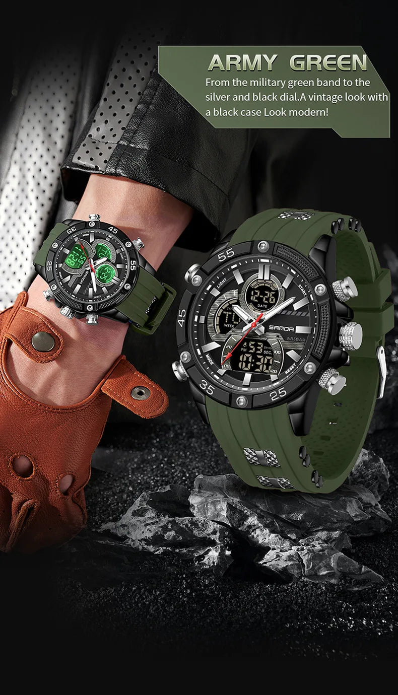 SANDA 6162 Men's Electronic Watch Creative Sports Waterproof Luminous Chronograph Pointer Digital Dual Display Wristwatches