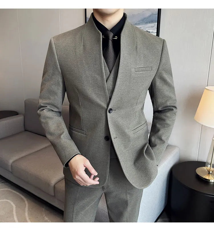 Korean Style Men's Suit Set Slim Fit Business Suit Wool Blazer Three Piece Set Elegant Social Formal Men's Clothing 5XL-M